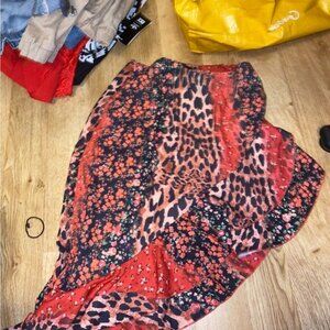 Red and Black Floral Leopard Print Skirt